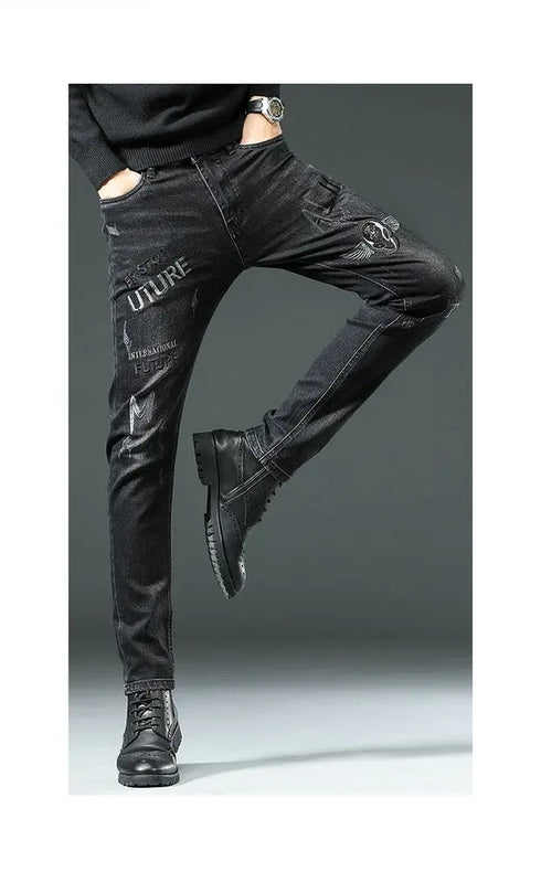 Slim Fit Korean Streetwear Graphical Printed Luxury Hip-Hop Stretch Denim Jeans for Men - Perfect Medium Wash Jeans Outfit